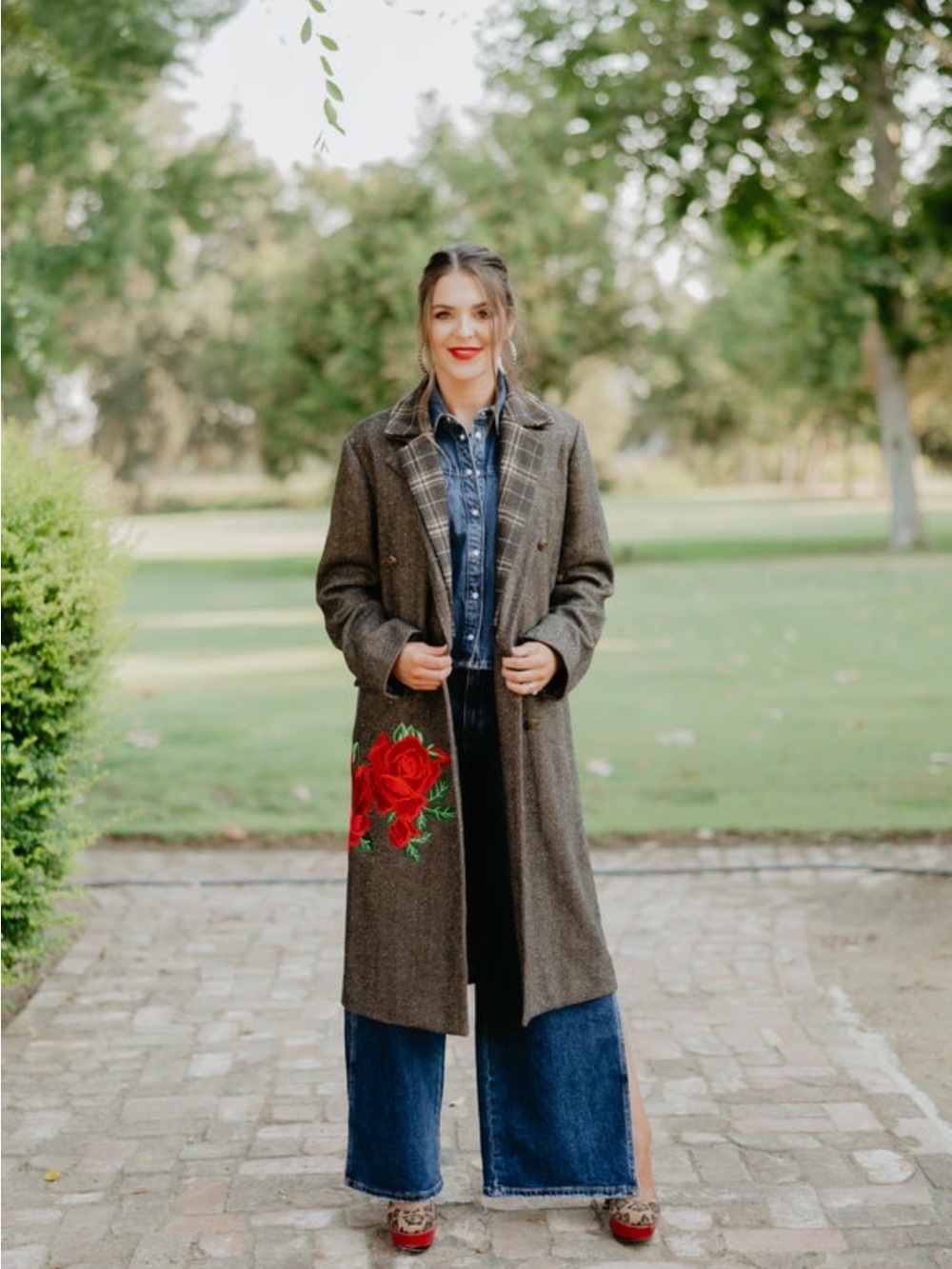 Mrs. Marvel Coat-Embroidered Rose Long Wool Coat - Gray with Red Floral
